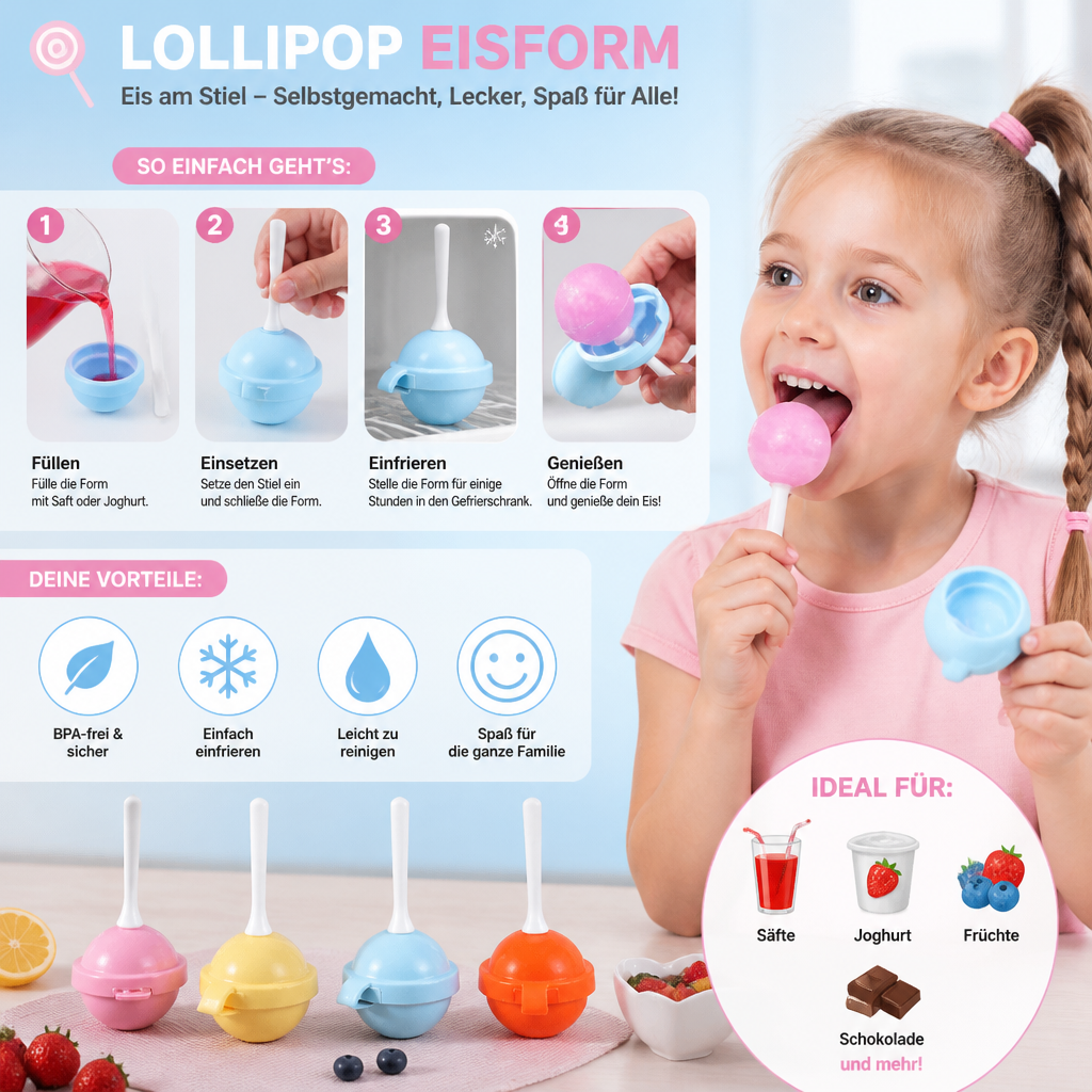 Bunte, wiederverwendbare Lollipop Eisformen für einfaches DIY Eis. Macht gesunde Snacks zum Sommerhit für Kinder.