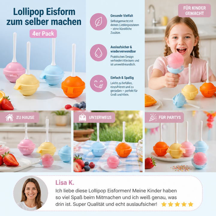 4er Set Lollipop Eisformen für kreatives Eis am Stiel. Fördert gesunde Ernährung & Spielspaß für die ganze Familie.