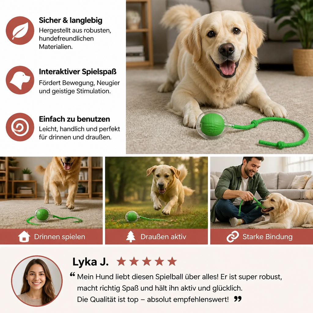 Robuster, bissfester Hundeball mit Schwanz. Ideal für intensive Spiele & Bewegung, drinnen & draußen. Tolles Haustierspielzeug.