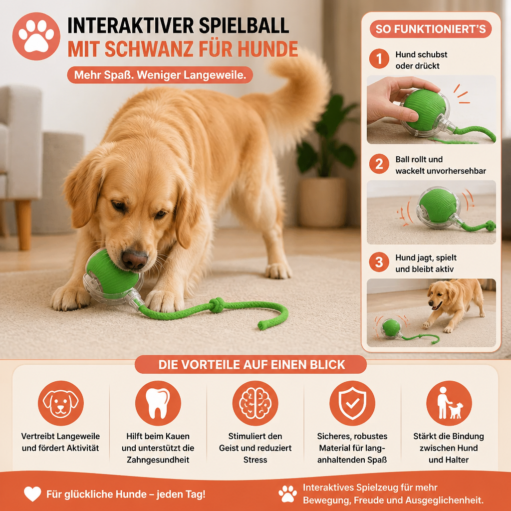 Interaktiver Spielball mit Schwanz für Action! Robust, bissfest & fördert Bewegung. Tolles Haustierspielzeug für Hunde.
