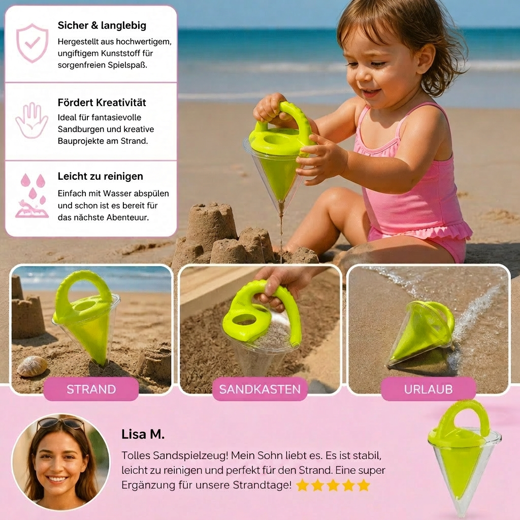 Detailaufnahme des robusten Sand Trichter Spielzeugs für Kinder. Ideal zum kreativen Malen und Schütten im Sand.