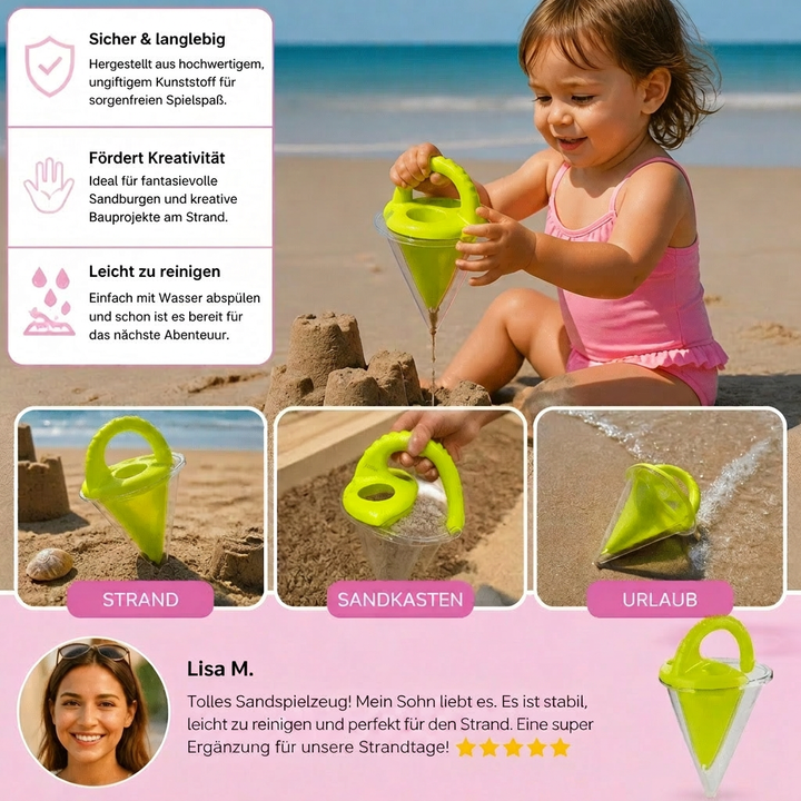 Detailaufnahme des robusten Sand Trichter Spielzeugs für Kinder. Ideal zum kreativen Malen und Schütten im Sand.