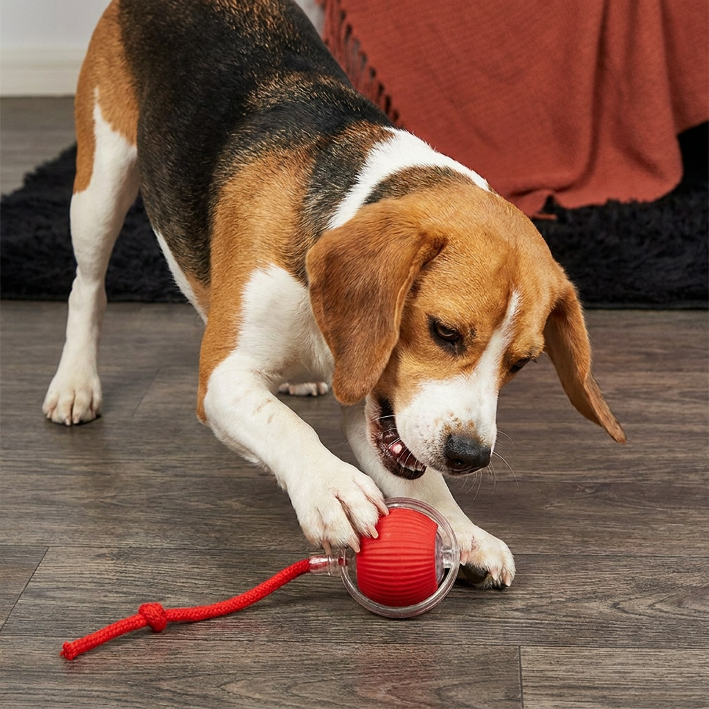 Lustiger interaktiver Spielball mit Schwanz. Perfektes Welpenspielzeug für Apportieren & Beschäftigung. Für Haustiere.