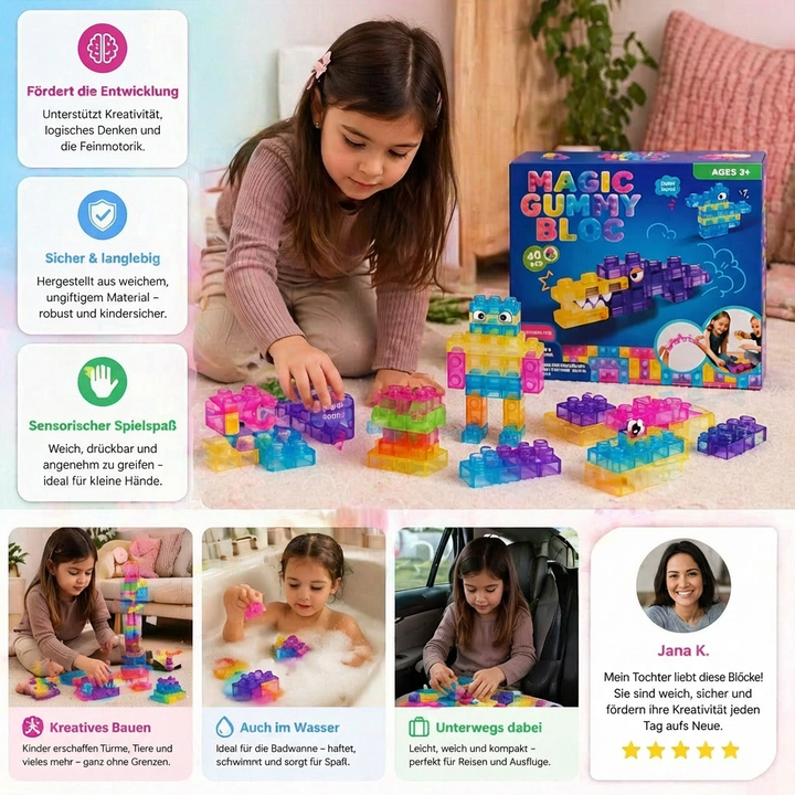 Bunte Soft-Bausteine in verschiedenen Formen. Sensorisches Lernspielzeug für Kinder, das Farben & Formen lehrt.