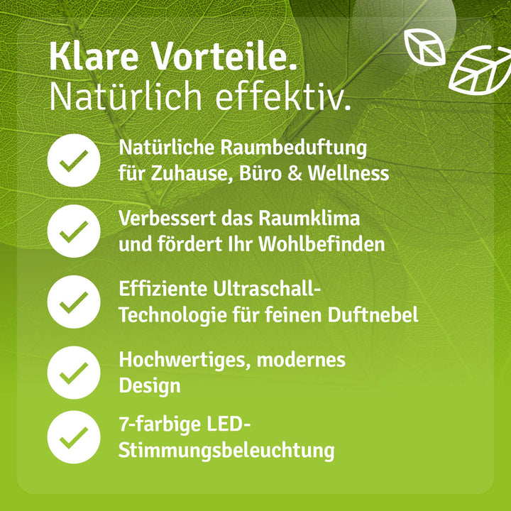 Sanfter Nebel aus dem Aromadiffusor, befeuchtet die Luft & verbreitet entspannenden Raumduft.