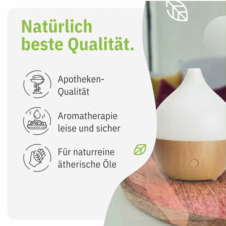Moderner USB Diffuser zusammen mit ätherischen Ölen für tiefe Entspannung und angenehmen Raumduft.