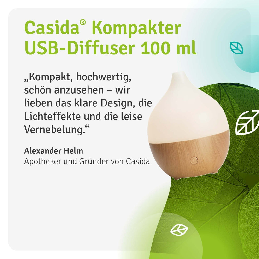 Aromadiffusor auf dem Nachttisch mit LED-Licht, schafft ruhige Atmosphäre für erholsamen Schlaf.