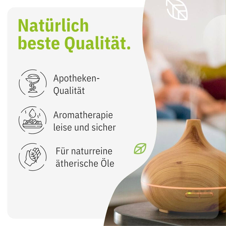 Aromadiffusor Ultraschall mit warmweißer LED-Beleuchtung in edler Holzoptik. Perfekt für Wohn- und Schlafzimmer.