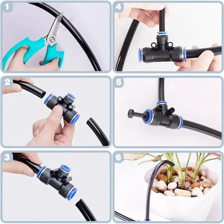 Alle Komponenten des Garten Vernebelungssystems: Schläuche, Düsen & Anschlüsse für einfache Installation.