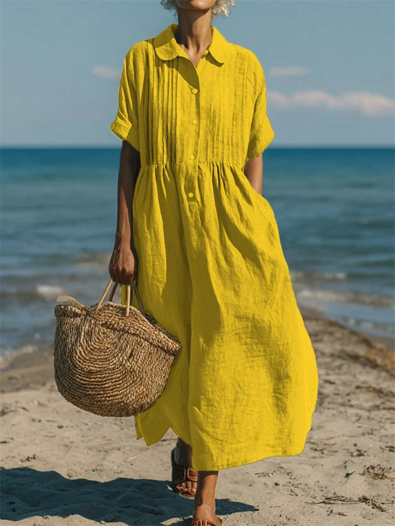 Elegantes Damen Midi Hemdblusenkleid mit Knopfleiste. Fließendes Material, bequem und vielseitig.