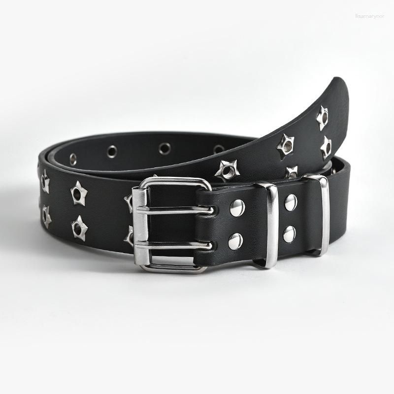 Schwarzer Unisex Gothic Ledergürtel mit Nieten, Stern & Auge. Verstellbares Punk-Accessoire.