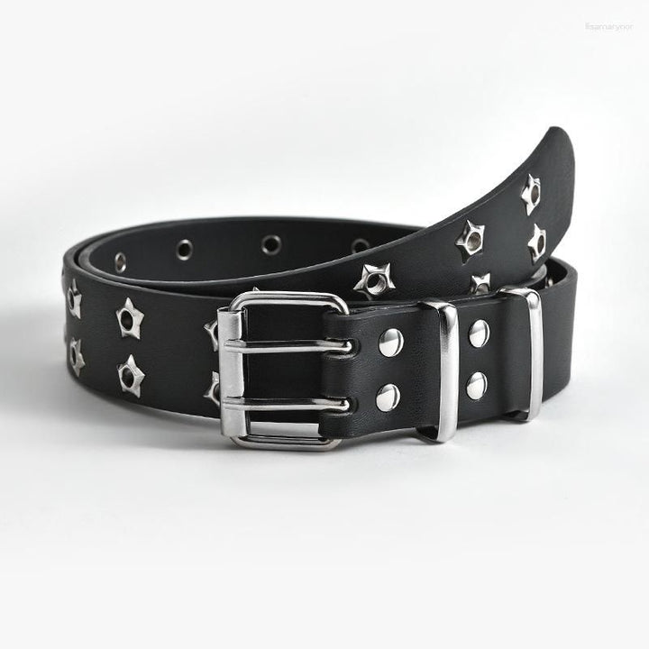 Schwarzer Unisex Gothic Ledergürtel mit Nieten, Stern & Auge. Verstellbares Punk-Accessoire.