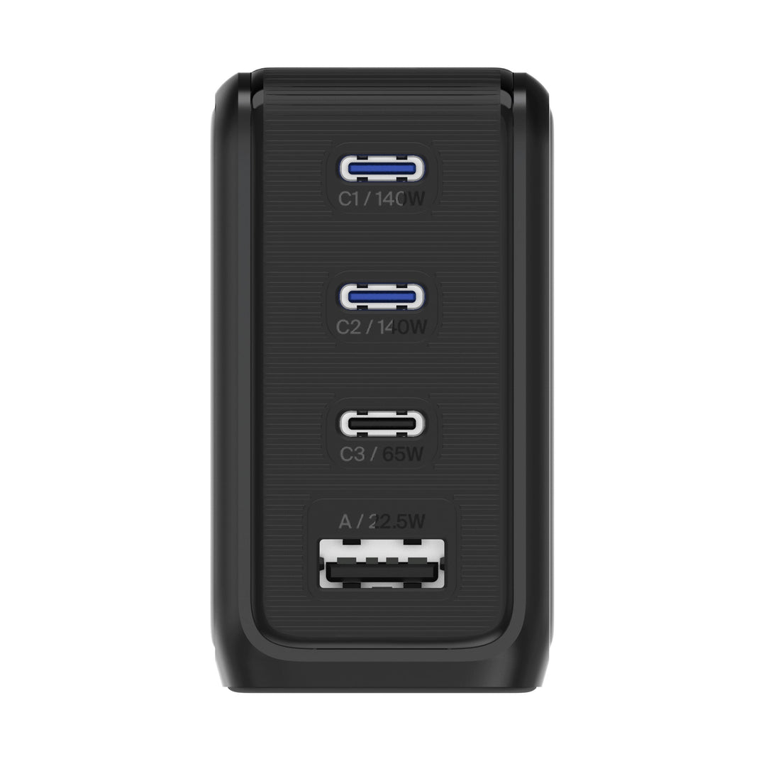 Elegantes 140W GaN Schnellladegerät mit LCD Anzeige und 4 Smart Charging Anschlüssen.