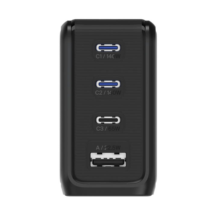 Elegantes 140W GaN Schnellladegerät mit LCD Anzeige und 4 Smart Charging Anschlüssen.