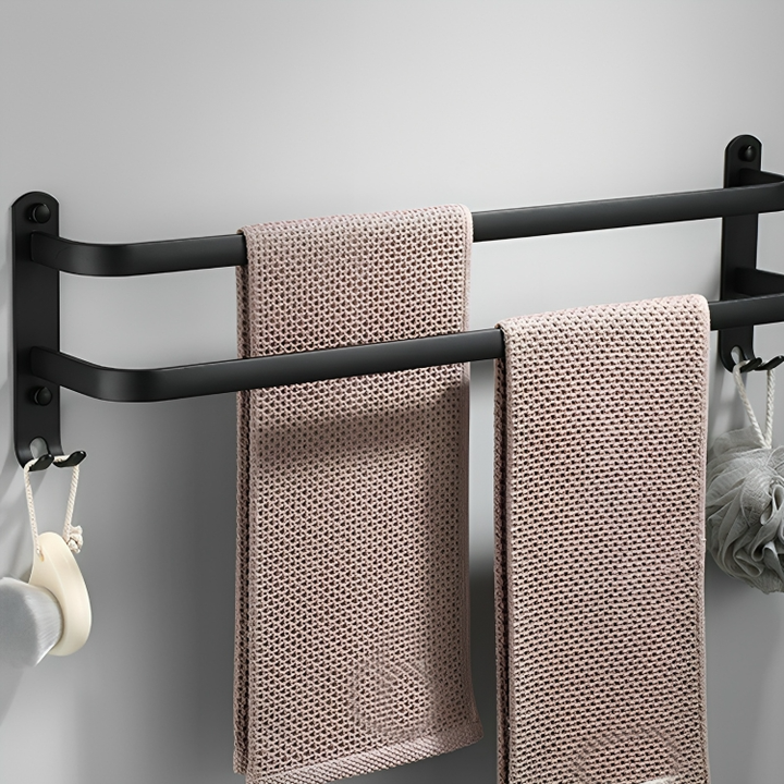 Stilvoller Handtuchhalter für Bad, matt schwarz, mit Haken, ohne Bohren, ideal für kleine Bäder.