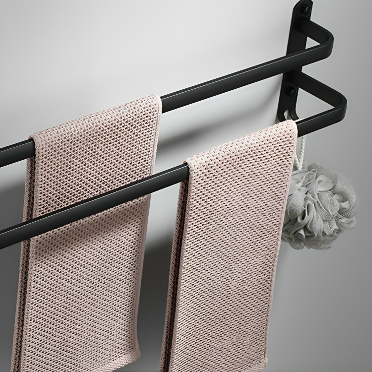 Moderner Badhandtuchhalter mit Ablage & Haken, schwarz, bohrfreie Installation, Aluminium.