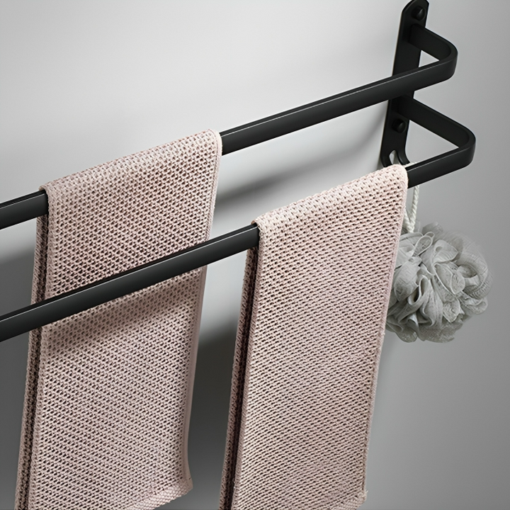 Moderner Badhandtuchhalter mit Ablage & Haken, schwarz, bohrfreie Installation, Aluminium.