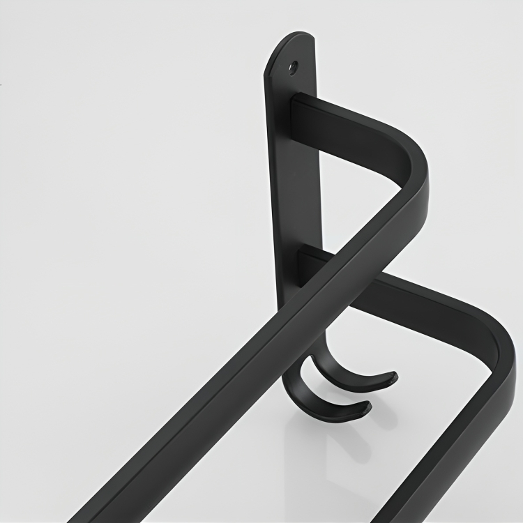 Minimalistischer Handtuchhalter schwarz, Aluminium, mit 2 Haken, selbstklebend, für Dusche/Bad.