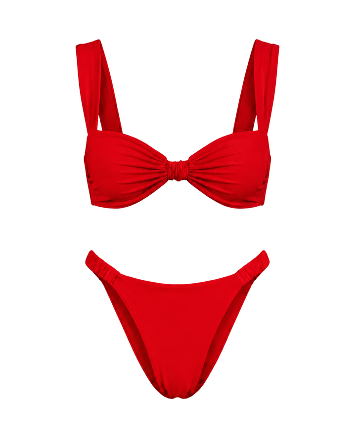 Modisches Damen Bikini Set mit Knotendetail am Oberteil und High-Cut Hose; stilvolle Bademode.