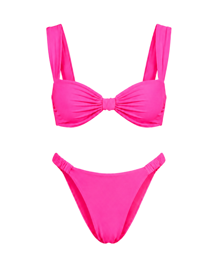 Vielseitiges Damen Bikini Set: High-Cut Hose, Knotendetail, erhältlich in Rosa, Rot & Schwarz. Bademode.