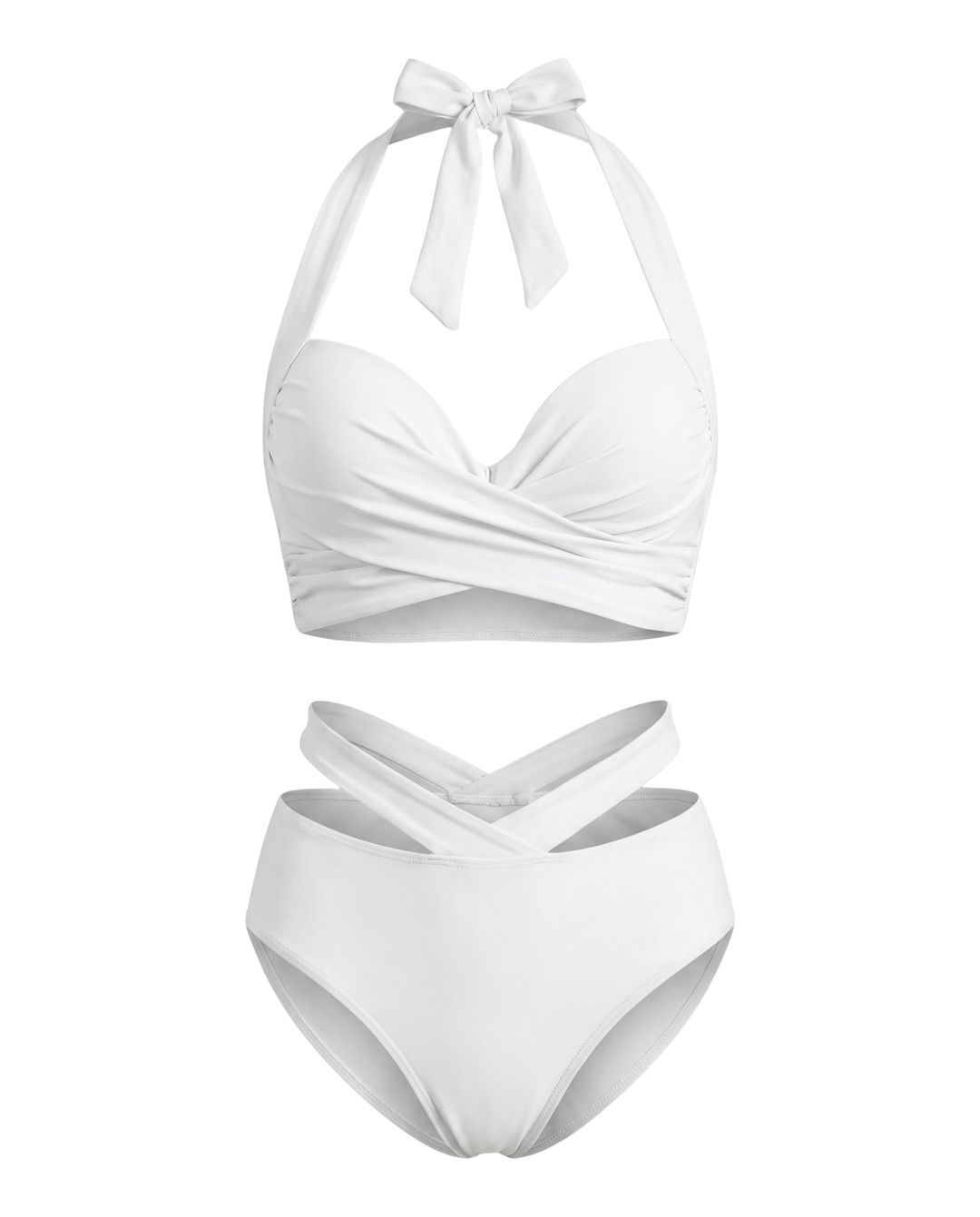 Zeitloser schwarzer Damen Bikini, Haltertop mit Wickel-Optik & Schleife, dazu eine High-Waist-Hose.