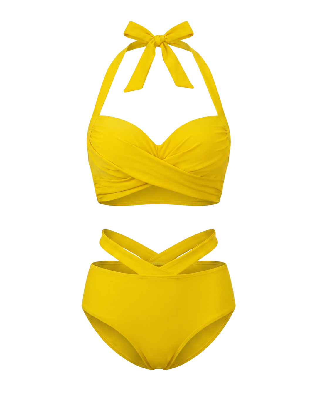 Trendiges schwarzes Damen Bikini-Set, Haltertop zum Binden, süße Schleife & High-Waist-Unterteil.