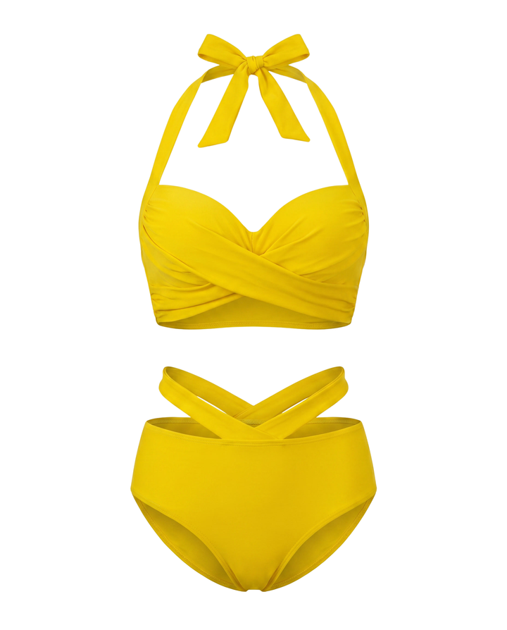 Trendiges schwarzes Damen Bikini-Set, Haltertop zum Binden, süße Schleife & High-Waist-Unterteil.