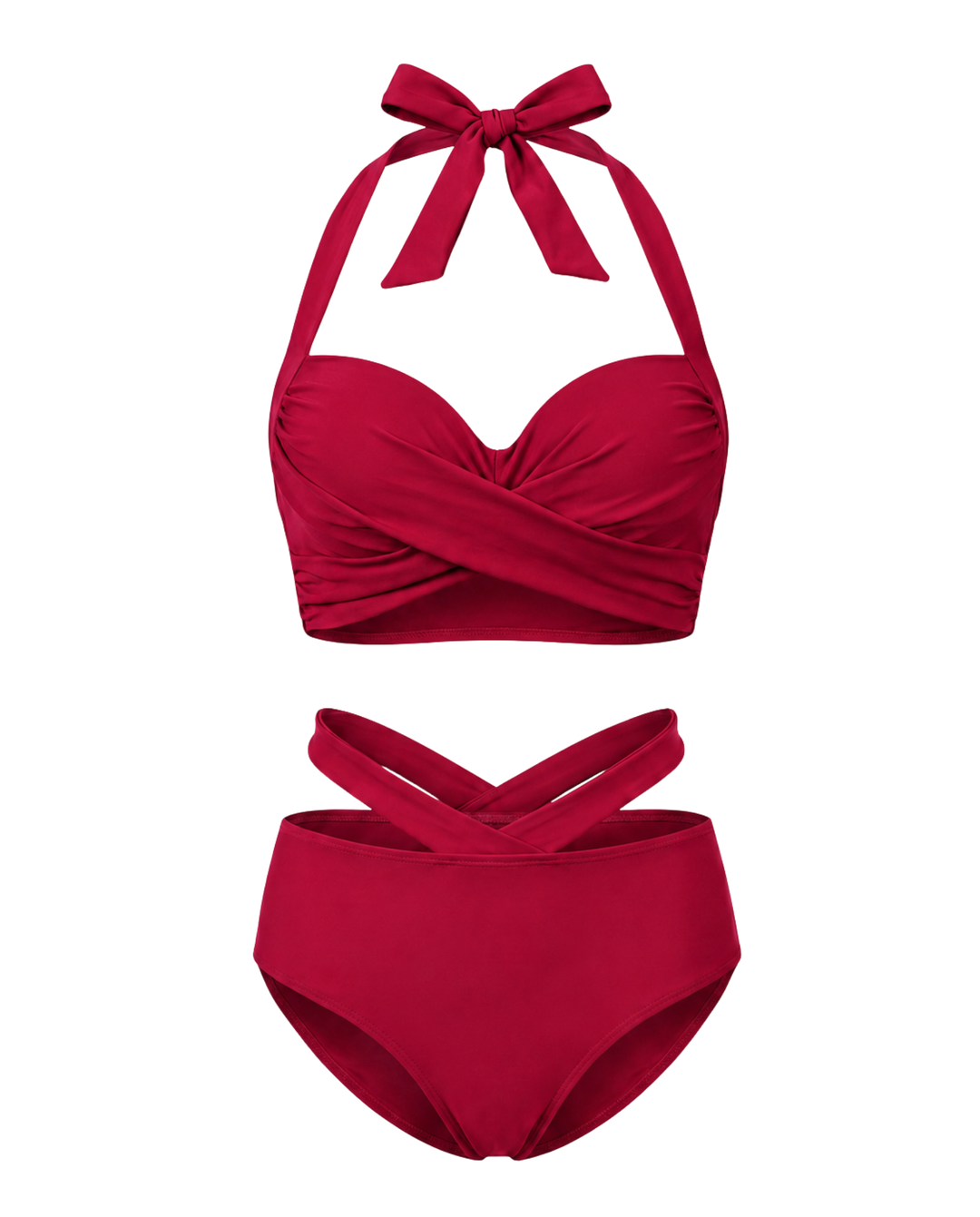 Schickes Damen Bademode-Set: Schwarzes Haltertop mit dekorativer Schleife & High-Waist-Bikinihose.