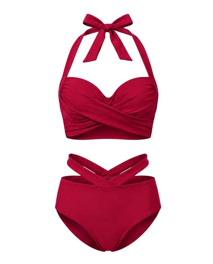 Schickes Damen Bademode-Set: Schwarzes Haltertop mit dekorativer Schleife & High-Waist-Bikinihose.