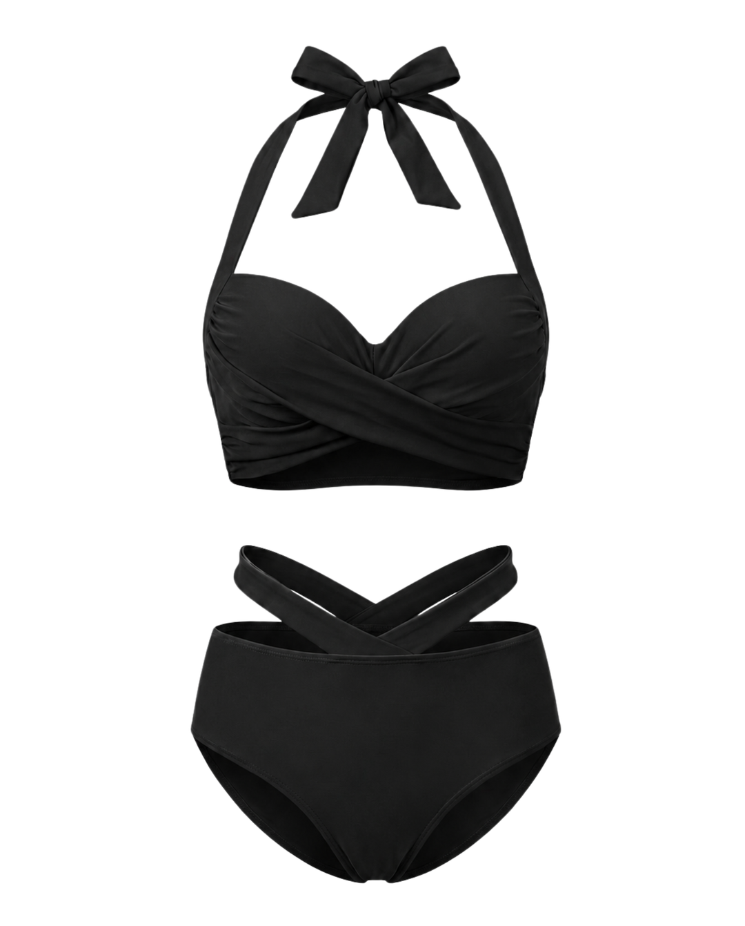 Schwarzes Damen Bikini-Set mit elegantem Haltertop, Schleife & figurbetonender High-Waist-Hose.