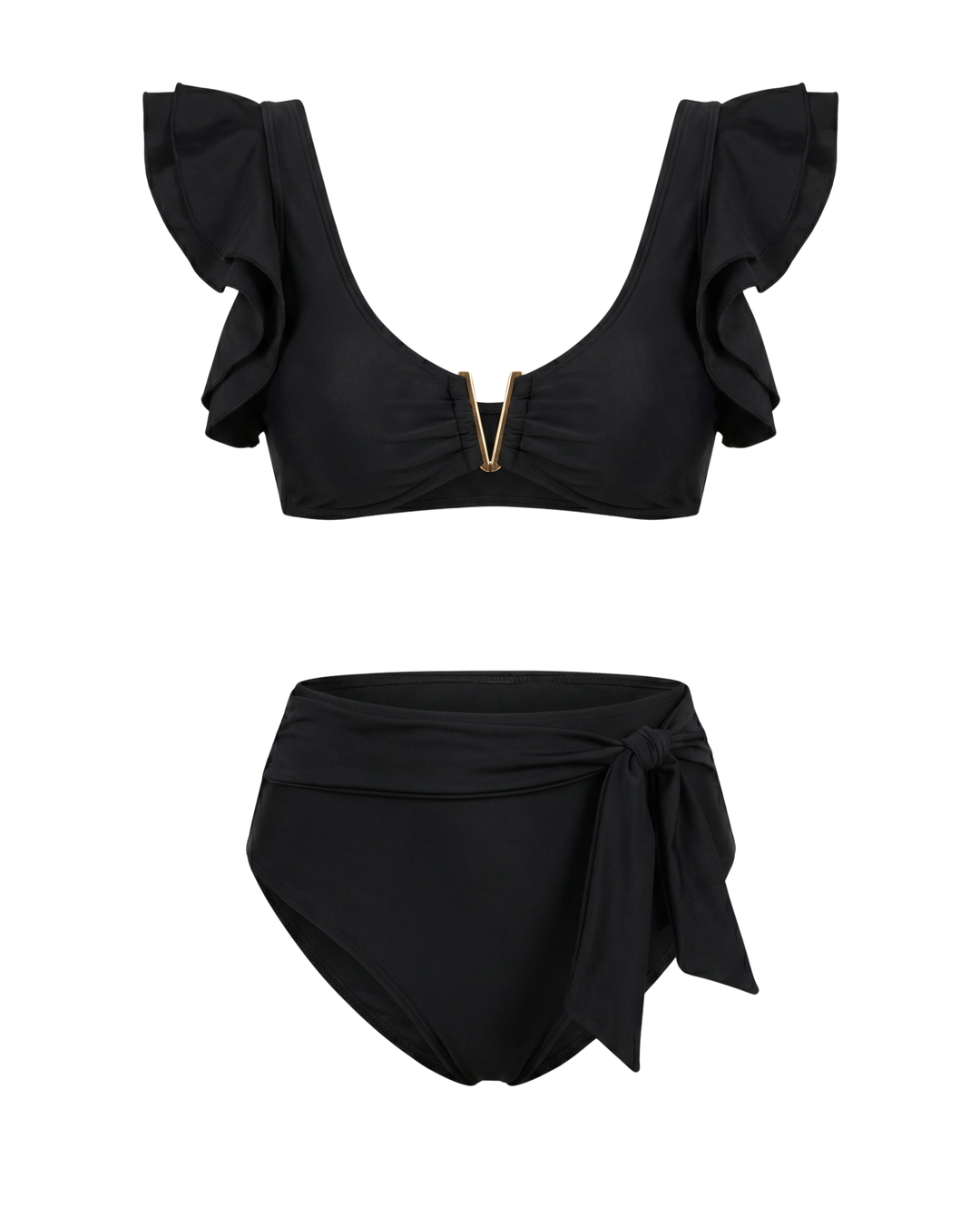 Eleganter Damen High Waist Bikini mit Rüschen-Oberteil und goldenen Details, ideal für luxuriöse Strandmode.