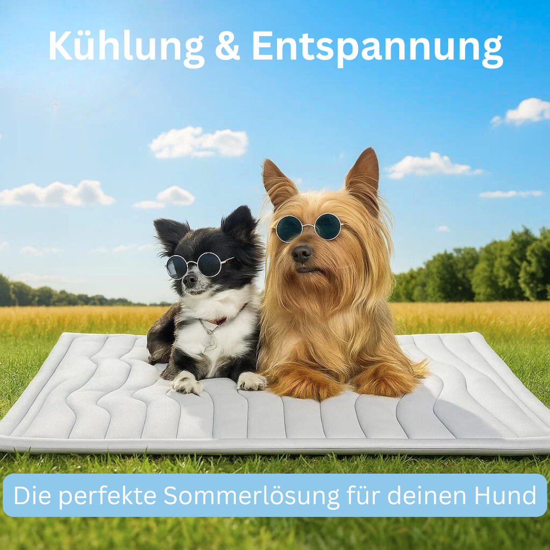 Tragbare Kühlmatte als Hundebett für unterwegs, perfekt für Reise und Auto im Sommer.