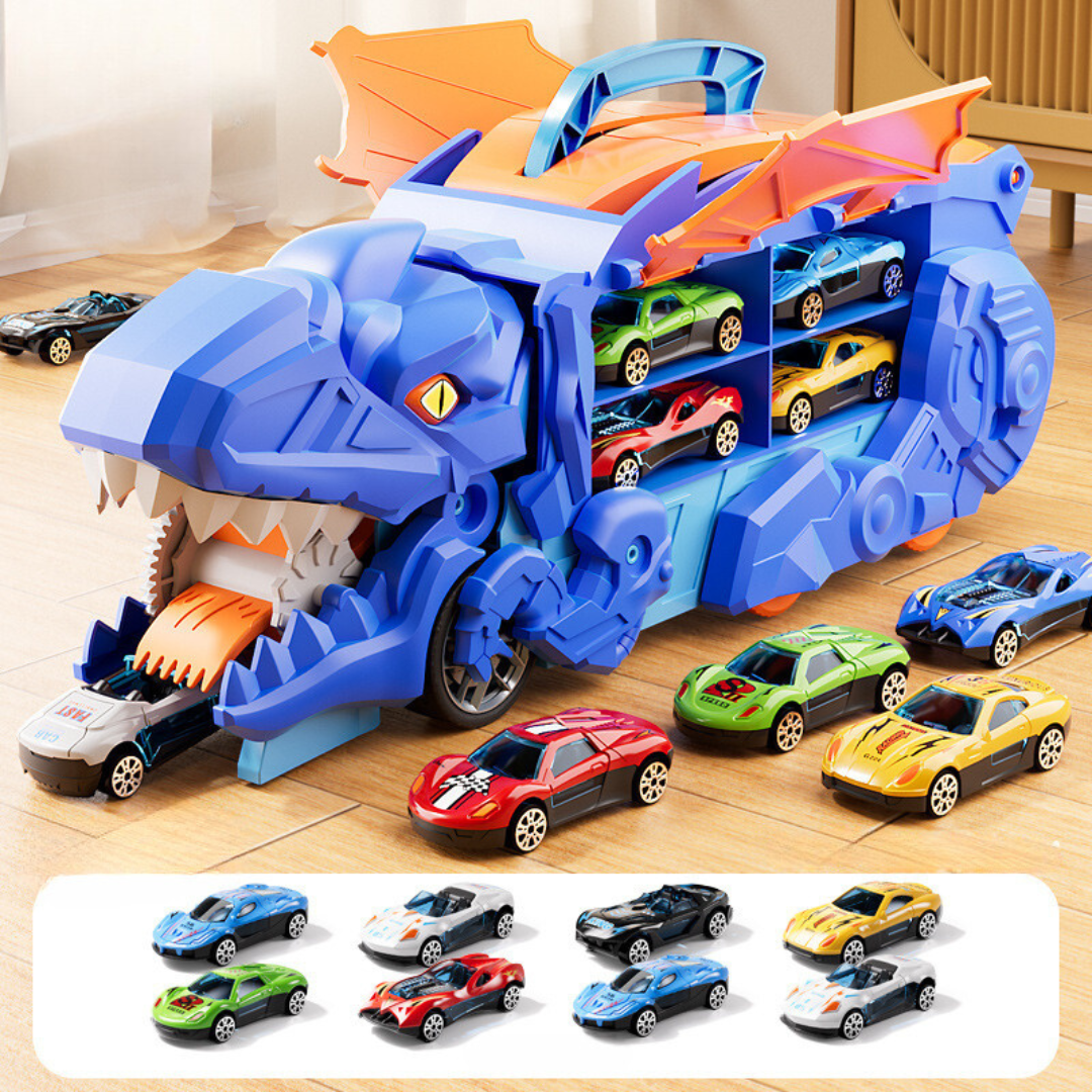 Detailreicher Dinosaurier Spielzeug Truck, der zum Auto wird. Mit bunten LED-Lichtern, für kreatives Kinder-Spiel.