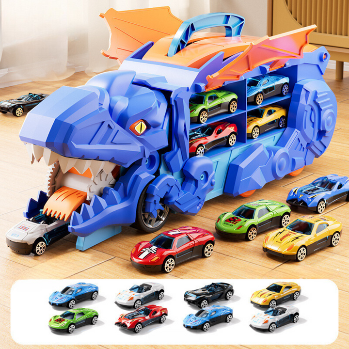 Detailreicher Dinosaurier Spielzeug Truck, der zum Auto wird. Mit bunten LED-Lichtern, für kreatives Kinder-Spiel.