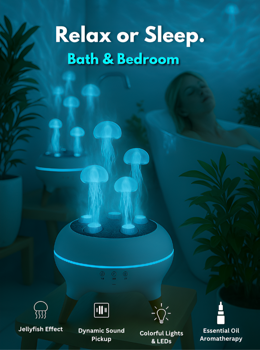 Moderner Ultraschall Aromadiffusor für entspannende Raumatmosphäre, mit Quallen-Effekt, LED & Schlafhilfe.