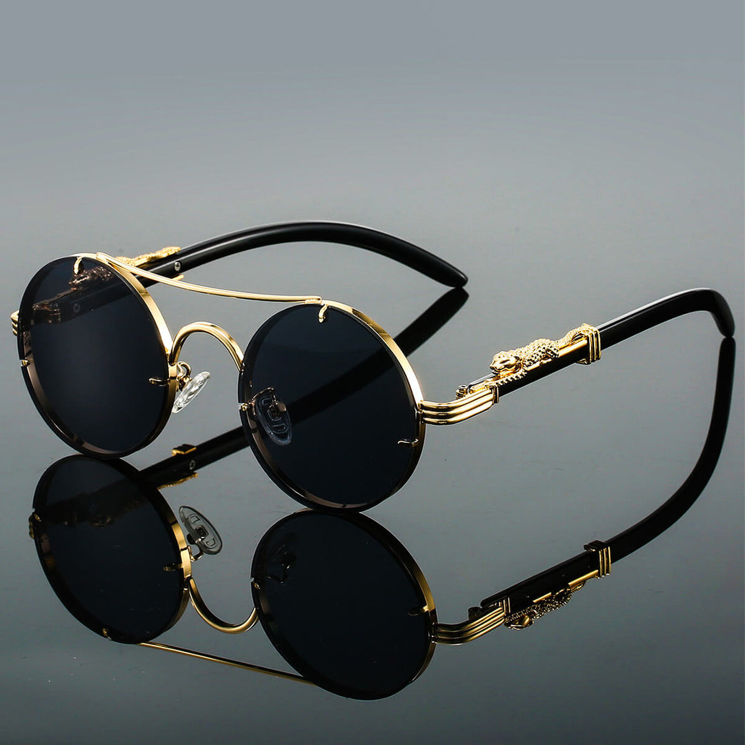 Detailansicht: Runde Vintage Unisex Sonnenbrille mit UV400 Schutz. Ein zeitloses Mode-Highlight.
