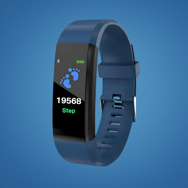 Klare Anzeige der Vitalfunktionen auf der Senioren-Smartwatch; Herzfrequenz, Schritte & Uhrzeit leicht ablesbar.