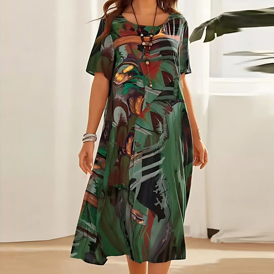Damen Sommerkleid mit floralem Allover-Print. Modernes Freizeitkleid mit abstrakten Blumen für Frühling & Sommer.