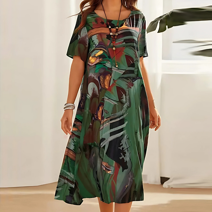 Damen Sommerkleid mit floralem Allover-Print. Modernes Freizeitkleid mit abstrakten Blumen für Frühling & Sommer.