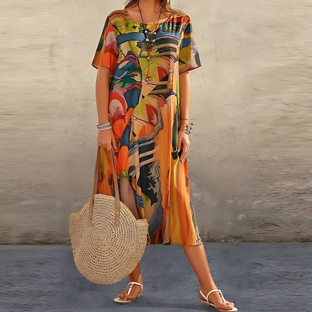 Elegantes Damenkleid mit Kurzarm und abstraktem Blumenmuster. Stylisches Frühlings- & Sommerkleid für moderne Frauen.