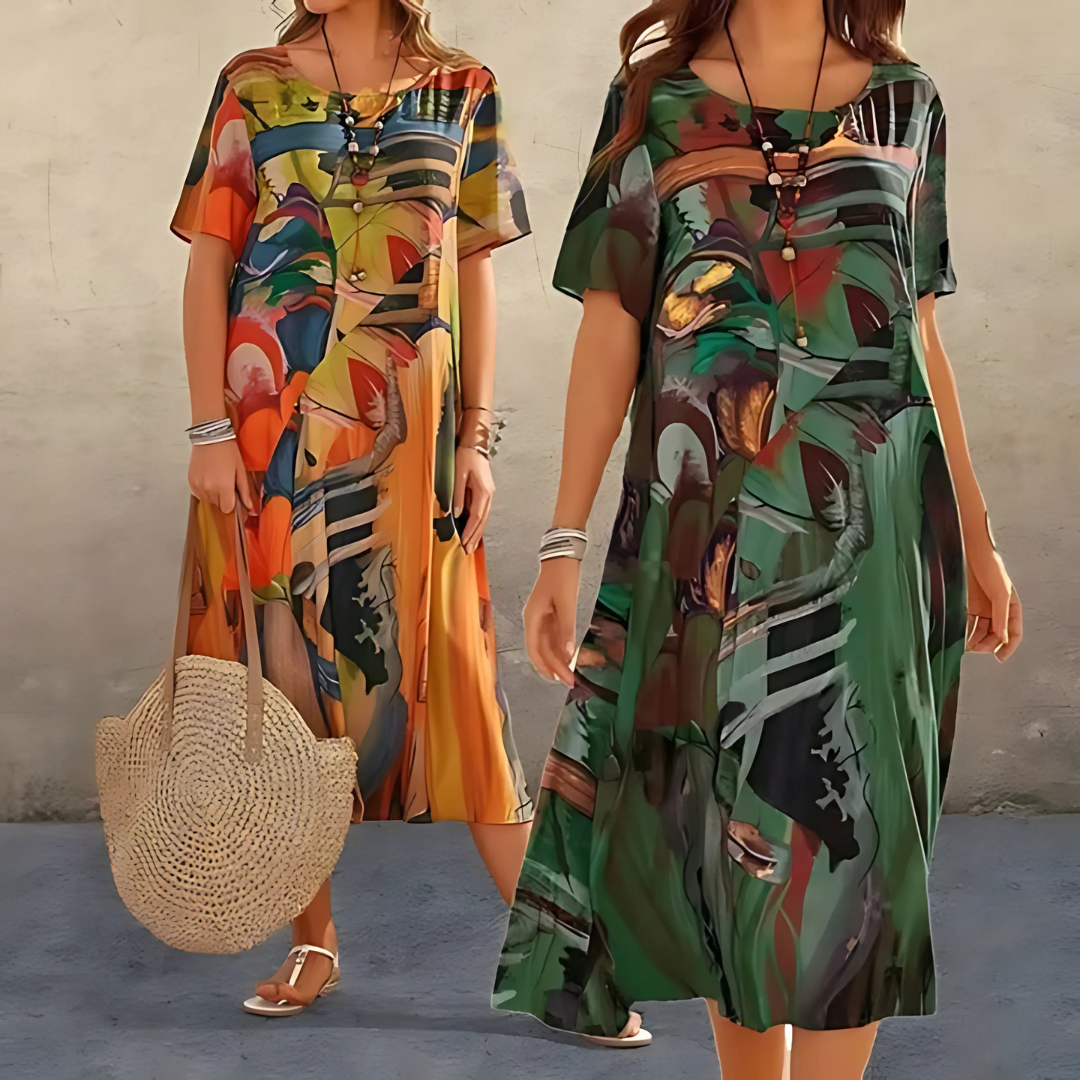 Modisches Damen Freizeitkleid, Midikleid mit abstraktem Blumenprint. Komfortables Sommerkleid, Rundhals, Kurzarm.