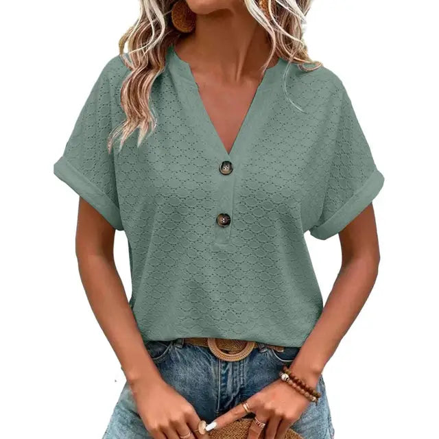 Lässige, elegante Damenbluse mit V-Ausschnitt & Kurzarm für Sommer und Frühling.