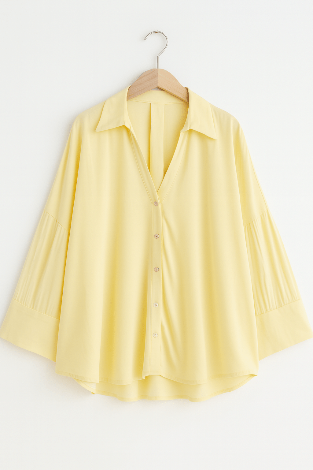 Model trägt gestreifte Damenbluse mit 3/4-Ärmeln und lockerem Schnitt. Elegante Frühlingsmode.