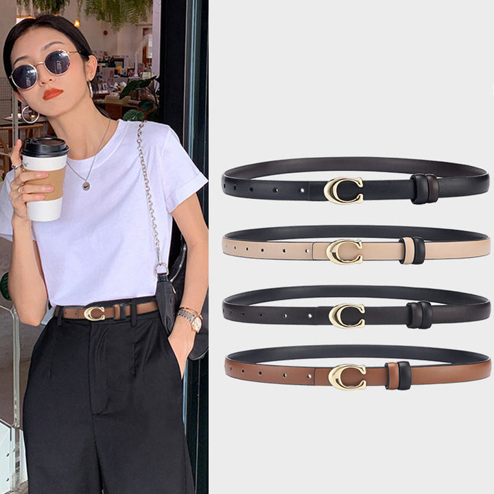 Modischer Unisex Gürtel mit C-Schnalle, dünn und doppelseitig. Perfektes Accessoire, um jeden Look elegant zu ergänzen.