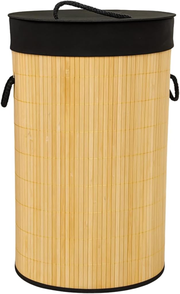 Robuster Wäschesammler aus Bambus 60L in Holzoptik mit Deckel & Griffen. Ideal für Ordnung im Bad.