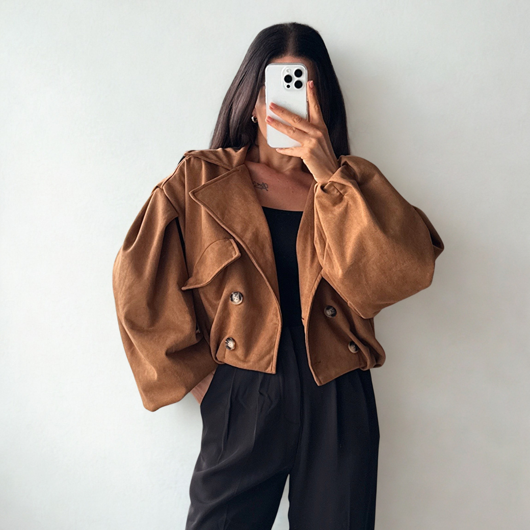 Damen Crop Trenchcoat in Wildlederoptik, elegante Übergangsjacke für Frühling & Herbst.