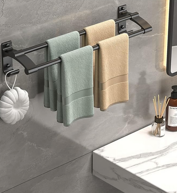 Schwarzer Handtuchhalter modern, bohrfrei, platzsparend, mit Haken für Badezimmer Organisation.