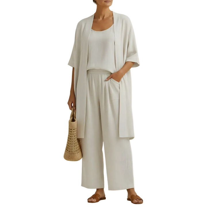 Damen 3-teiliges Sommer Set mit ärmellosem Top, weiter Hose und leichtem Überwurf, ideal für Strand & Freizeit.