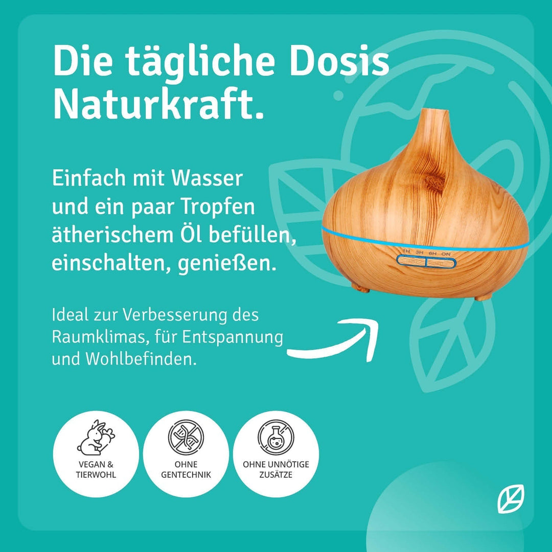 Moderner Ultraschalldiffusor in heller Holzoptik mit zuschaltbarem LED-Nachtlicht für beruhigende Atmosphäre.