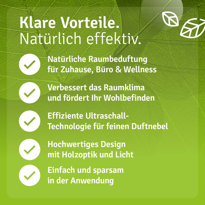 Kompakter Ultraschall-Aromadiffusor in brauner Holzoptik. Funktion als Luftbefeuchter und mit LED-Licht.